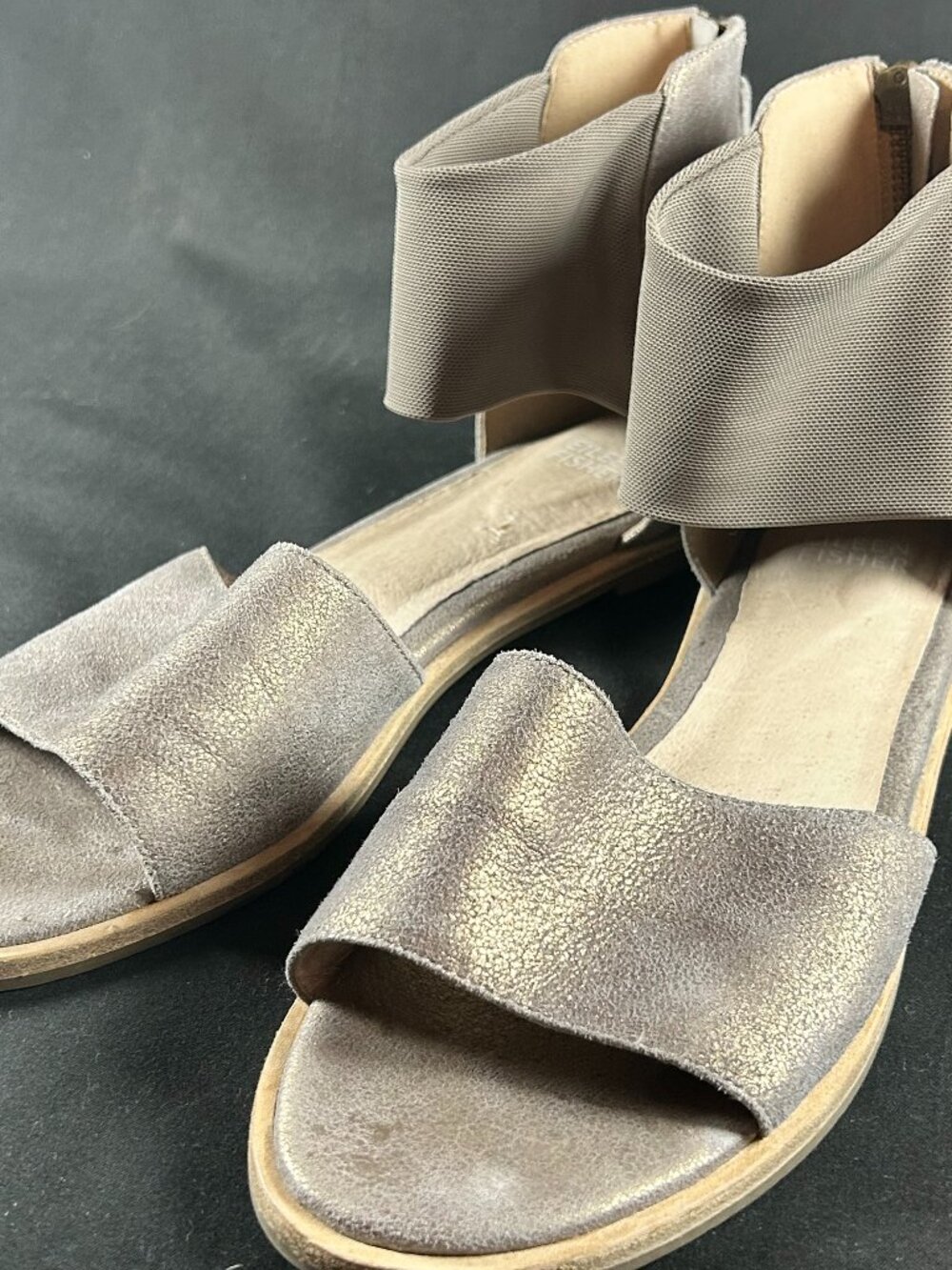EIleen Fisher Flat Taupe/Golden Sandals with Elastic Ankle and Zip Back - 8 1/2